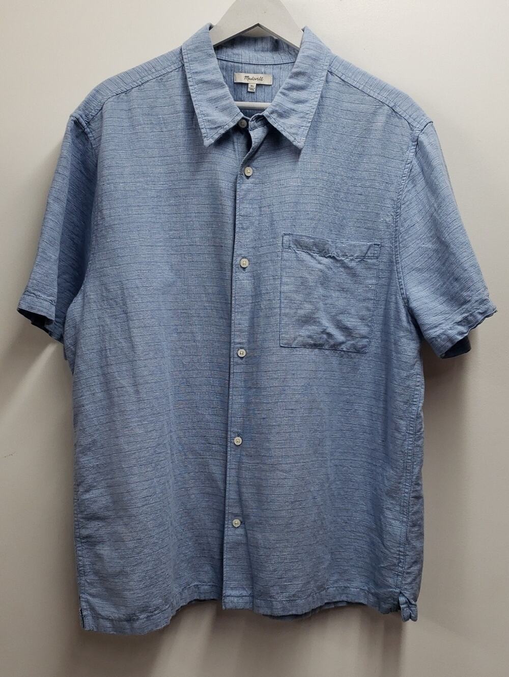 Madewell Button-Up Short-Sleeve Shirt in Cotton-Linen Blend Men's XL Blue Casual